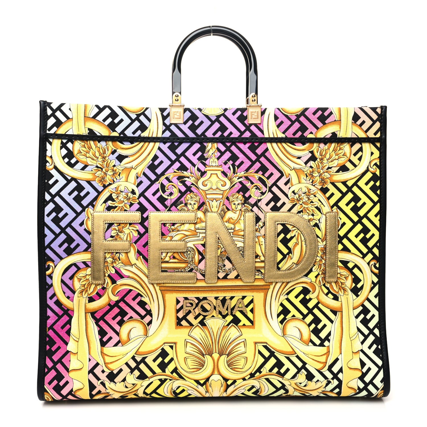 Fendi X VERSACE Canvas Printed Plexiglass Fendace FF Baroque XL Fendi Sunshine Shopper Tote Gold 1 of 12