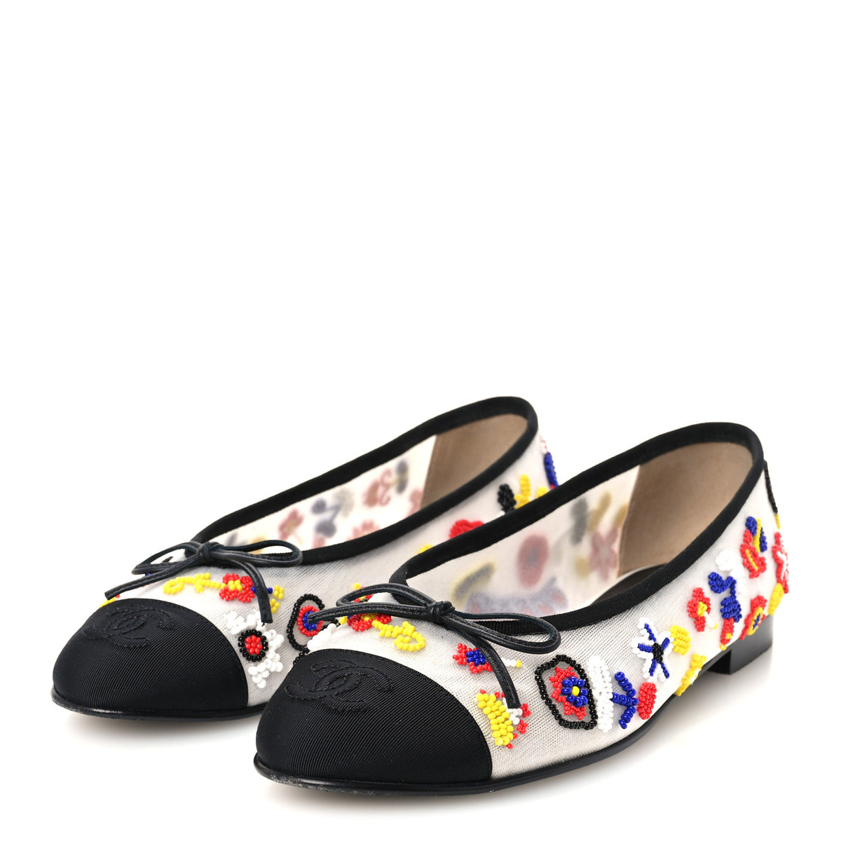 Chanel Mesh Pearl Grosgrain Cap Toe CC Coco Beach Ballerina Flats 39 Multicolor Black 4 of 9