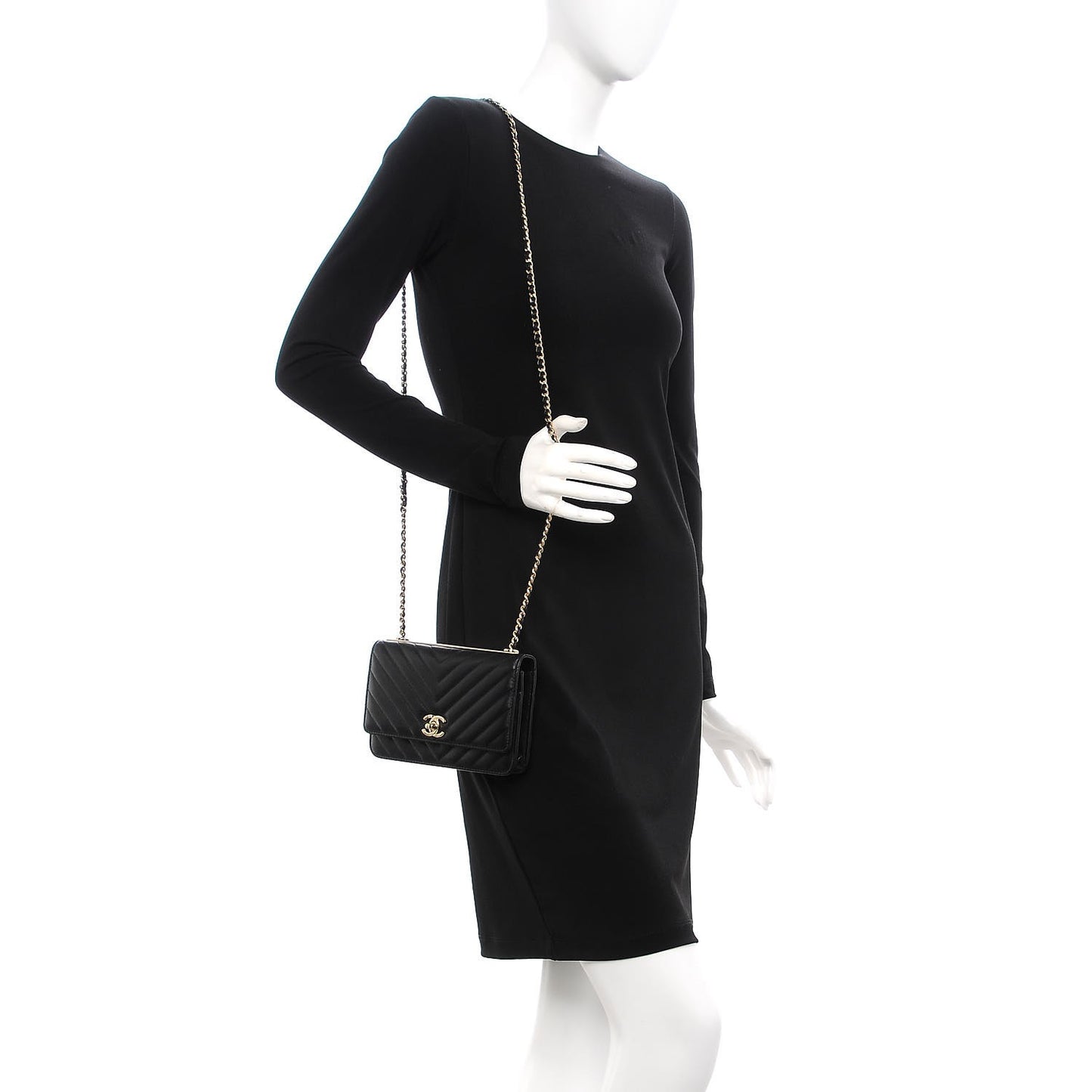 Lambskin Chevron Quilted Trendy CC Wallet On Chain WOC Black