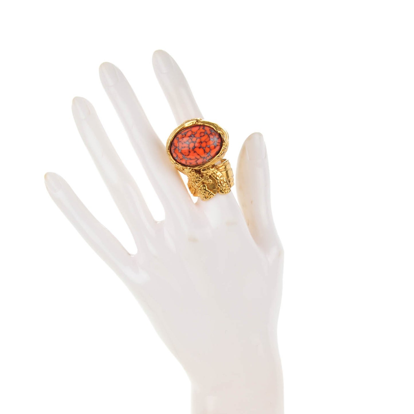 Glass Cabochon Arty Ovale Ring 7 Gold Coral