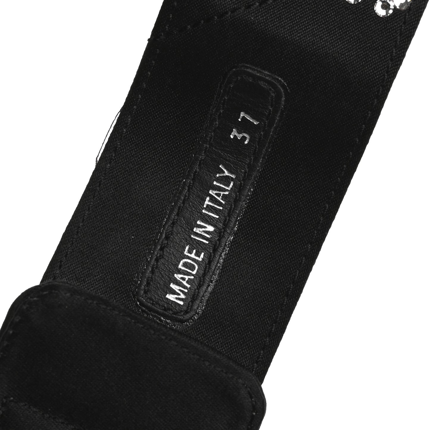 Satin Crystal Embellished Metal Logo Velcro Sandals 37 Black