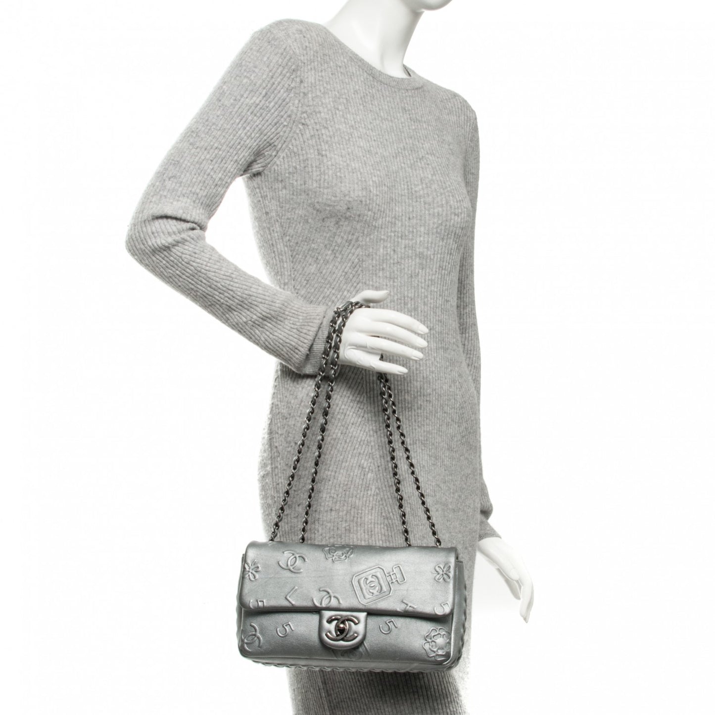 Metallic Lambskin Symbols Medium Single Flap Silver