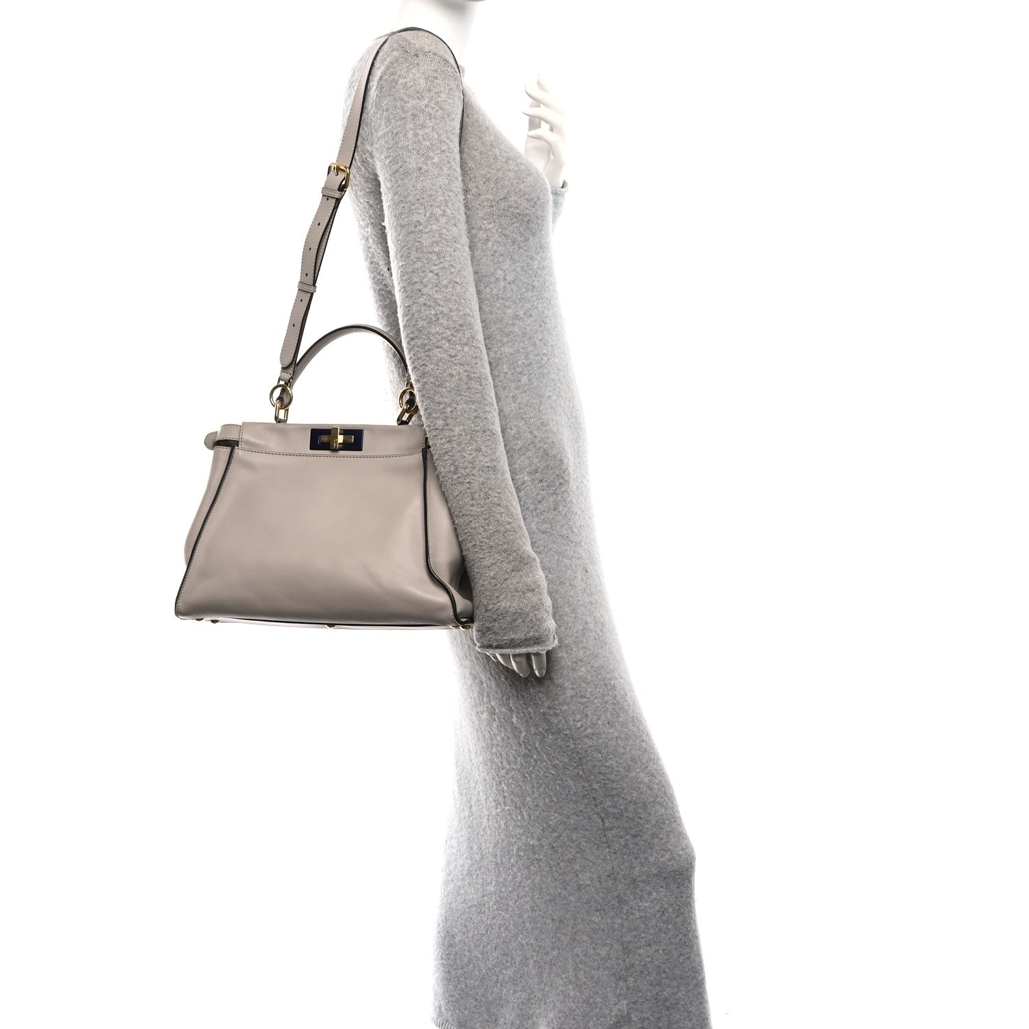 Fendi Vitello Seta Shiny Nappa Medium Peekaboo Iconic Satchel Grigio Polvere Magenta 2 of 12