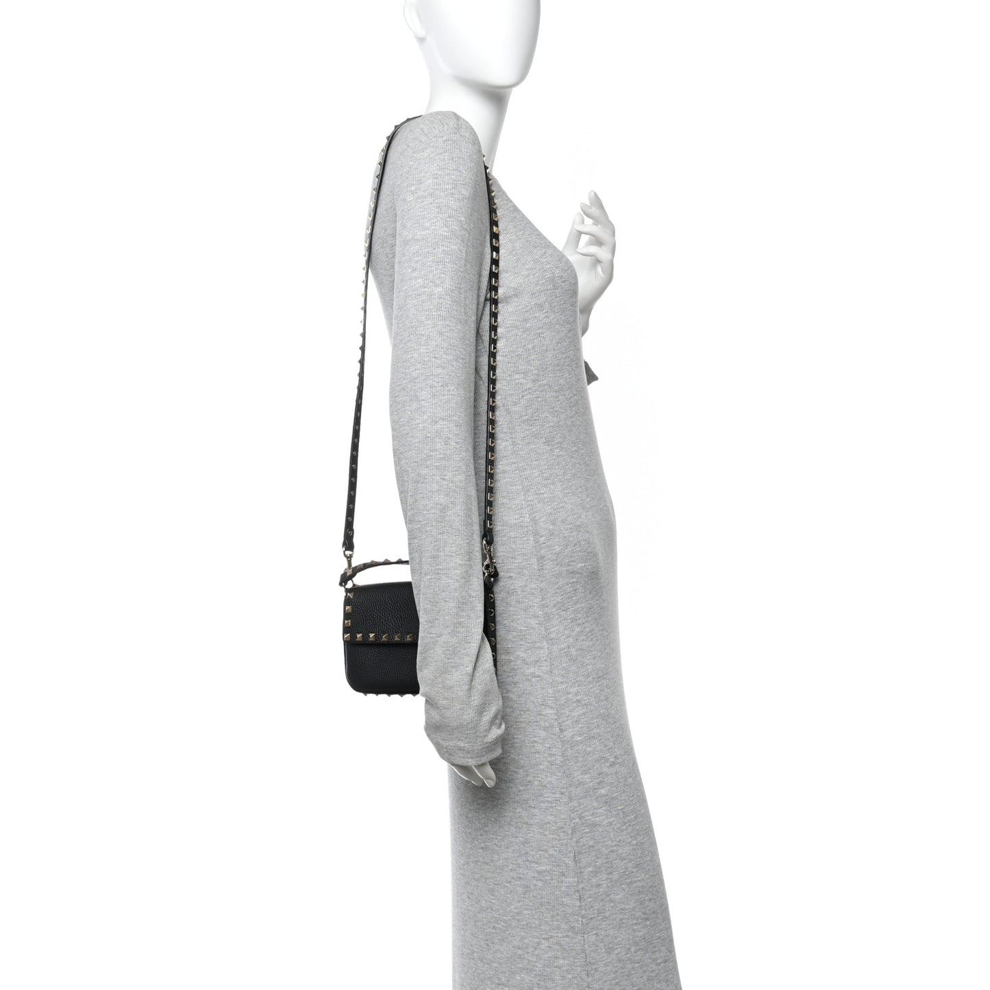 Grainy Calfskin Rockstud Crossbody Pouch Black