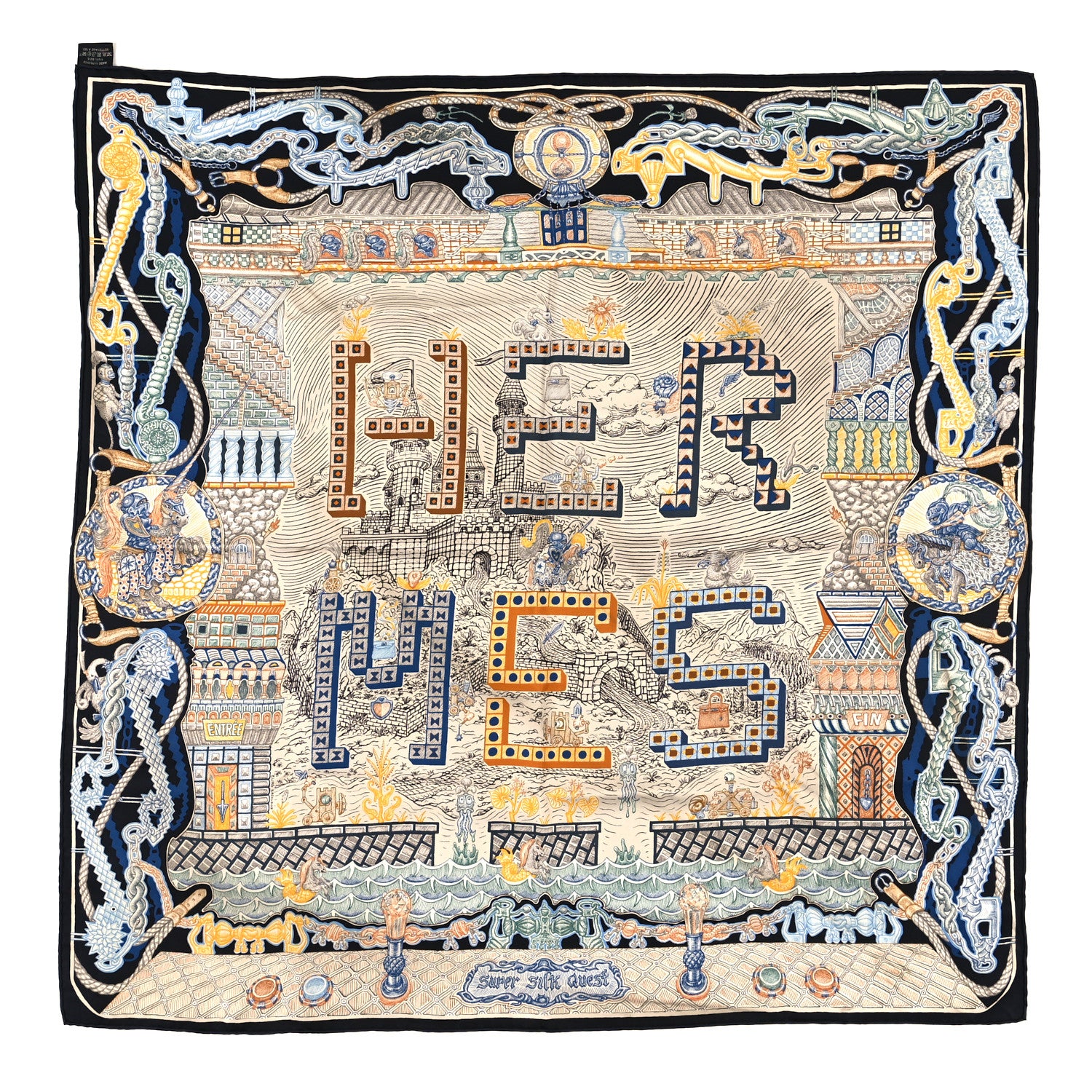 Hermes Silk Super Silk Quest Detail Scarf 90 Bleu Jean Brun Vert 1 of 3