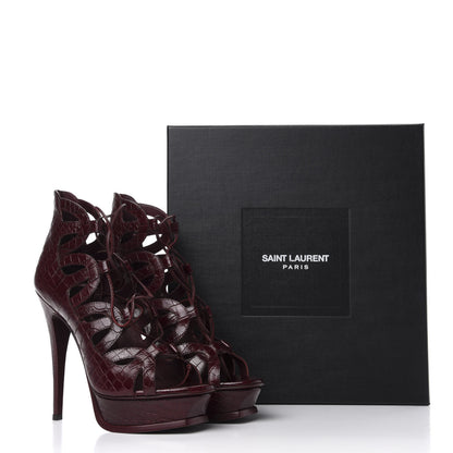 Saint Laurent Calfskin Crocodile Embossed Tribute 16 Lace Up Platform Sandals 38 Rouge Legion 11 of 11