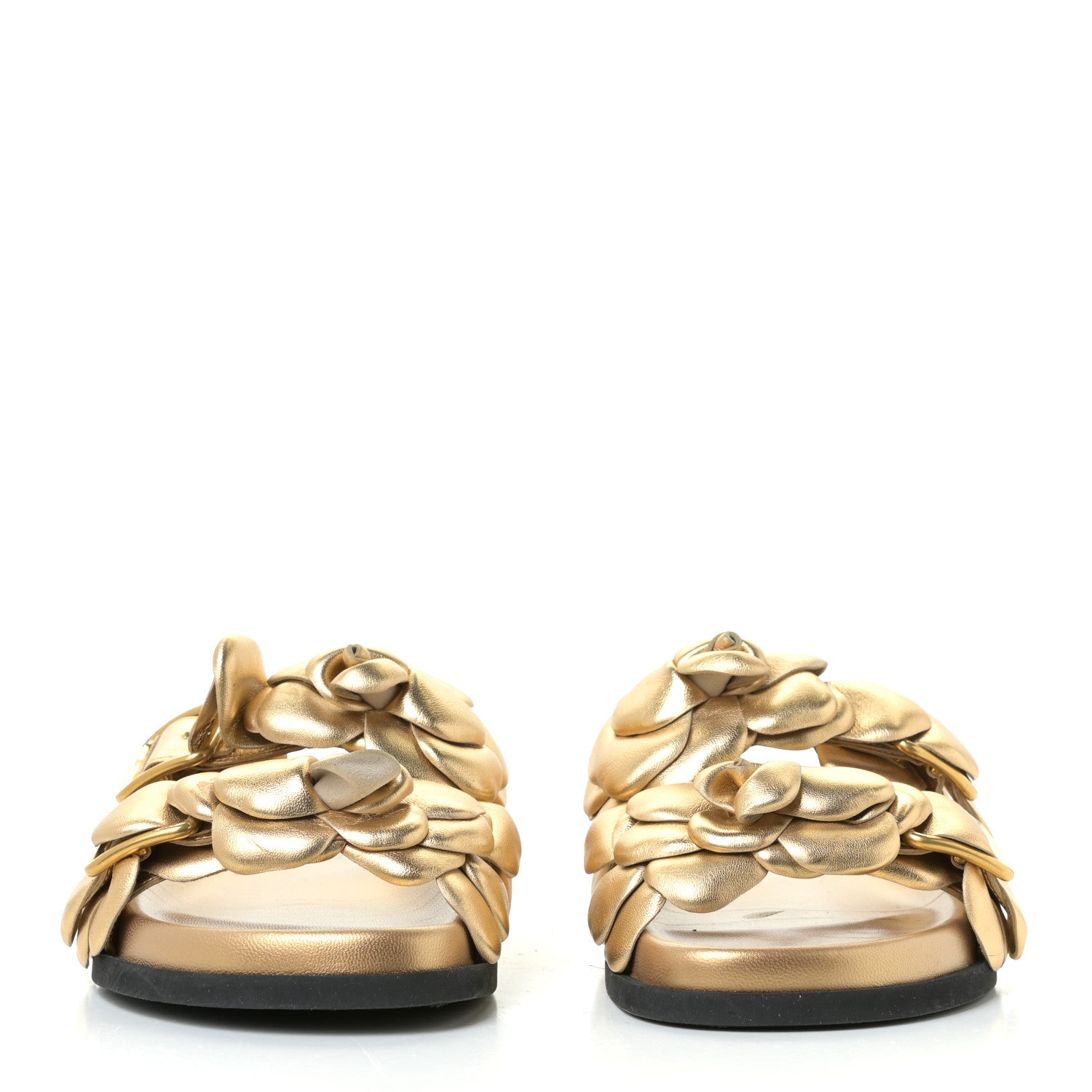 Valentino Garavani Metallic Kidskin Atelier 03 Rose Edition Double Buckle Slide Sandals 36 Antique Brass 2 of 10