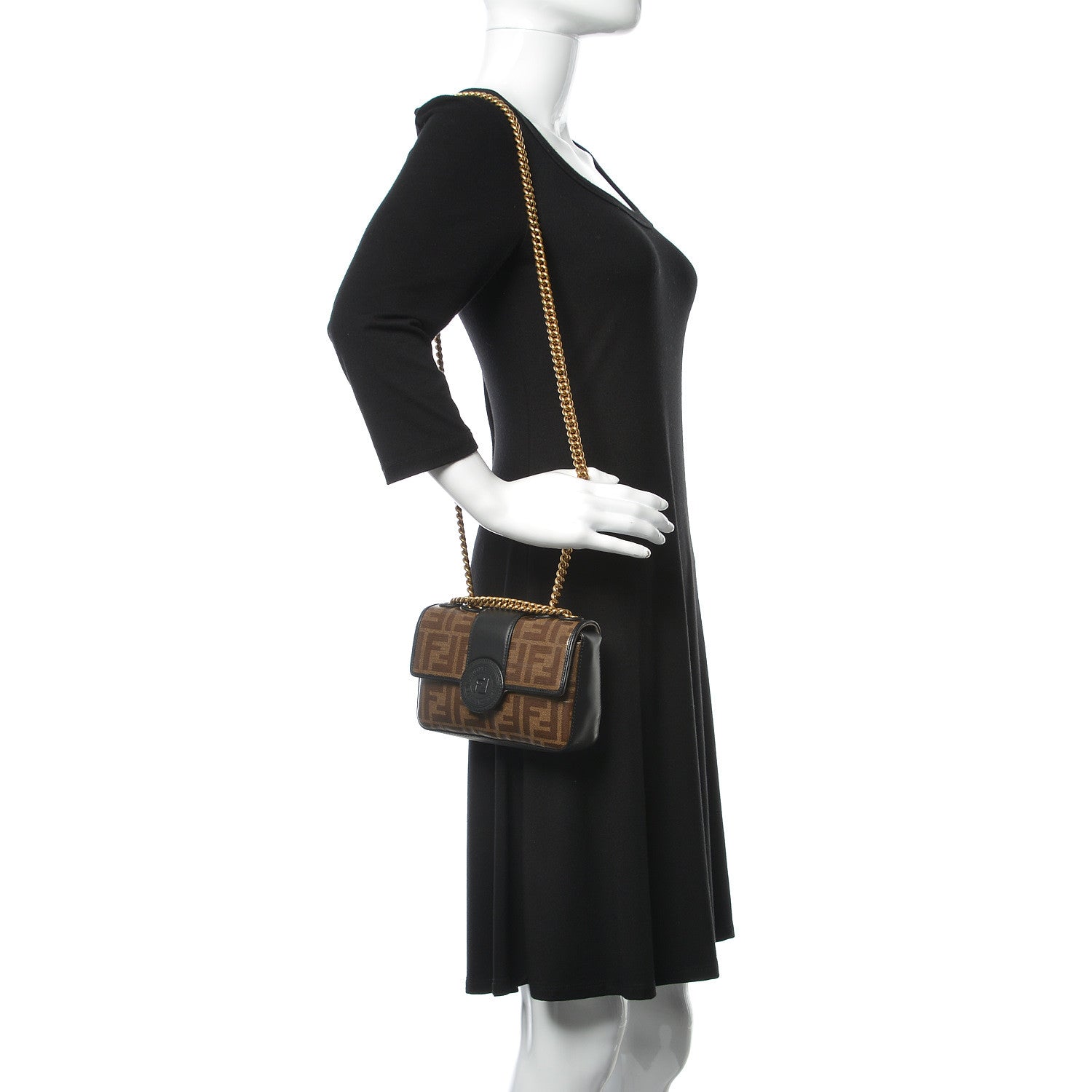 Fendi Glazed Fabric Vitello Century FF 1974 Stamp Patch Mini Double F Crossbody Bag Mogano Panna Black 2 of 11