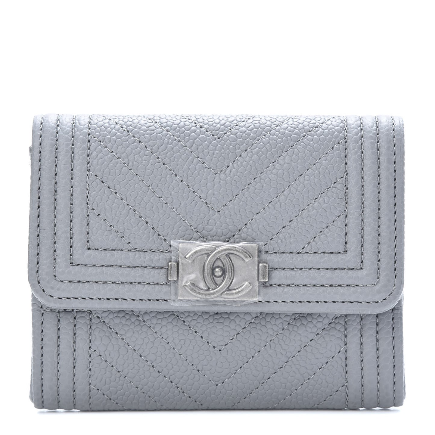 Caviar Chevron Quilted Boy Flap Card Holder Grey
