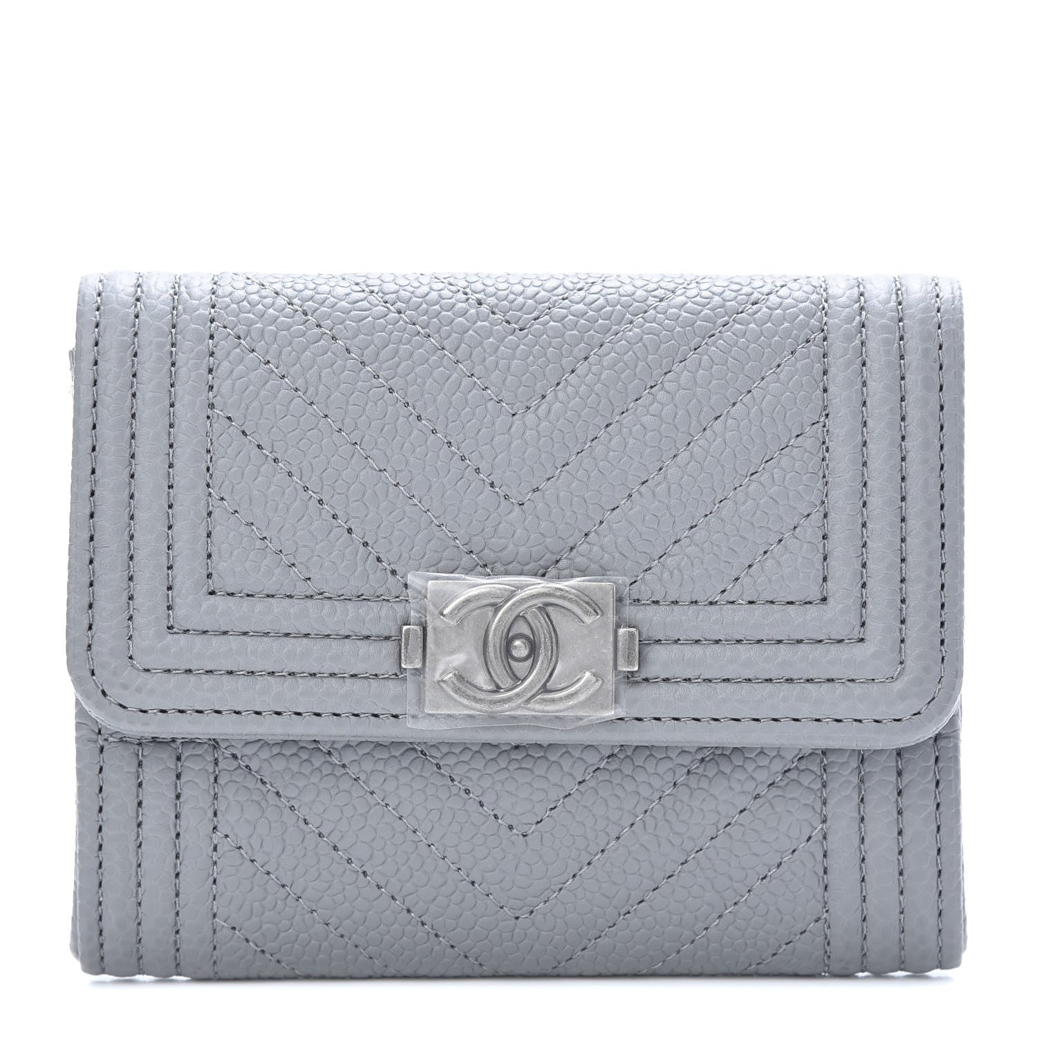 Chanel Caviar Chevron Quilted Boy Flap Card Holder Grey 1 of 9