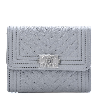 Chanel Caviar Chevron Quilted Boy Flap Card Holder Grey 1 of 9