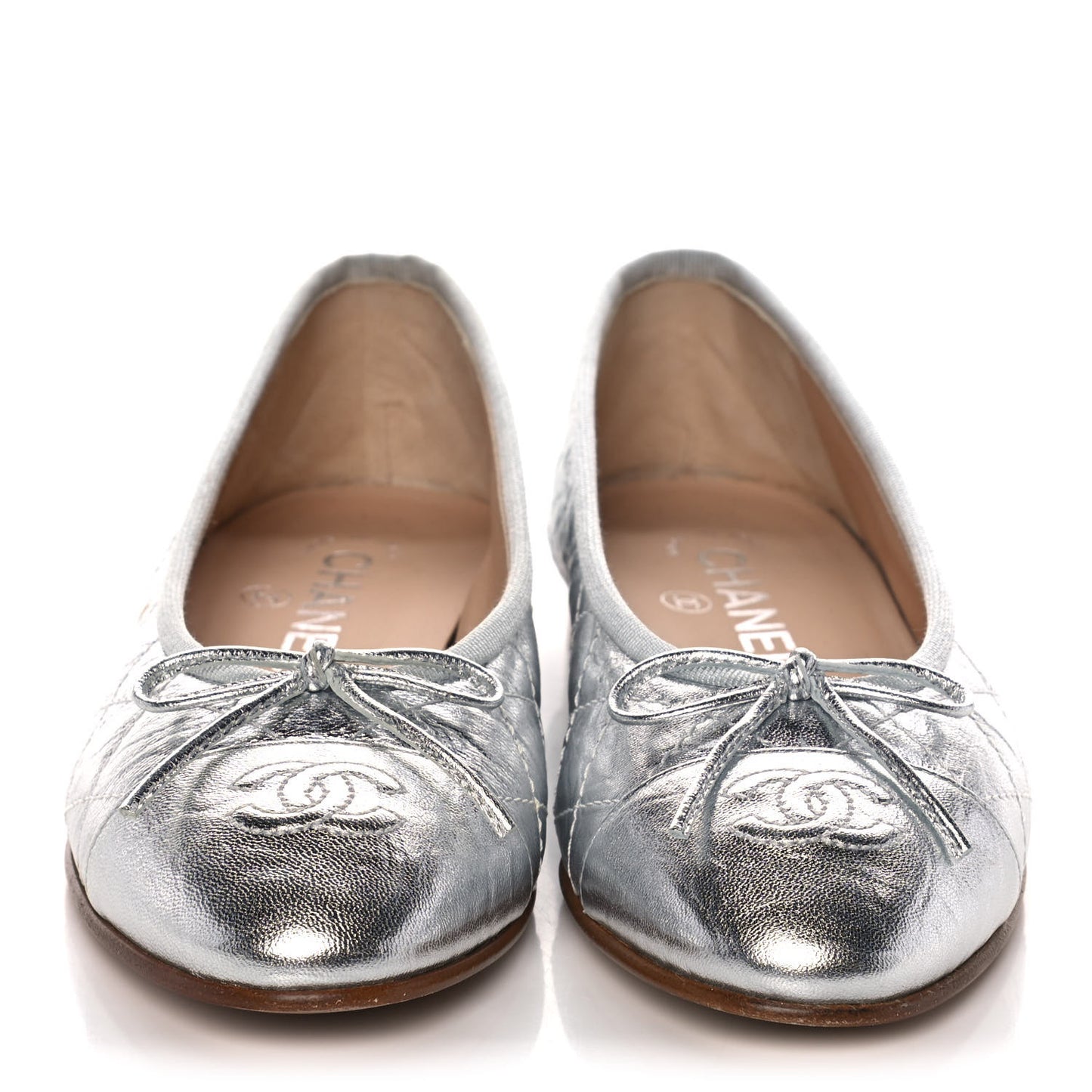 Metallic Aged Calfskin Quilted Cap Toe Ballerina Flats 36.5 Silver
