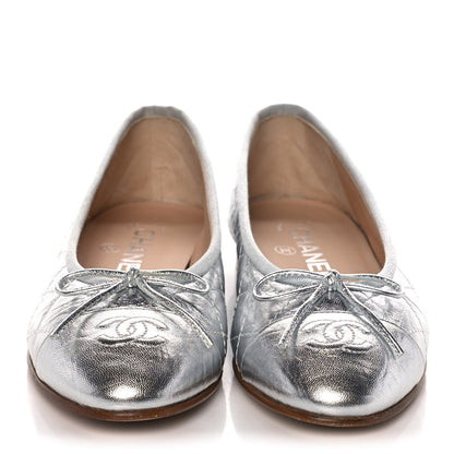 Chanel Metallic Aged Calfskin Quilted Cap Toe Ballerina Flats 36.5 Silver 2 of 11
