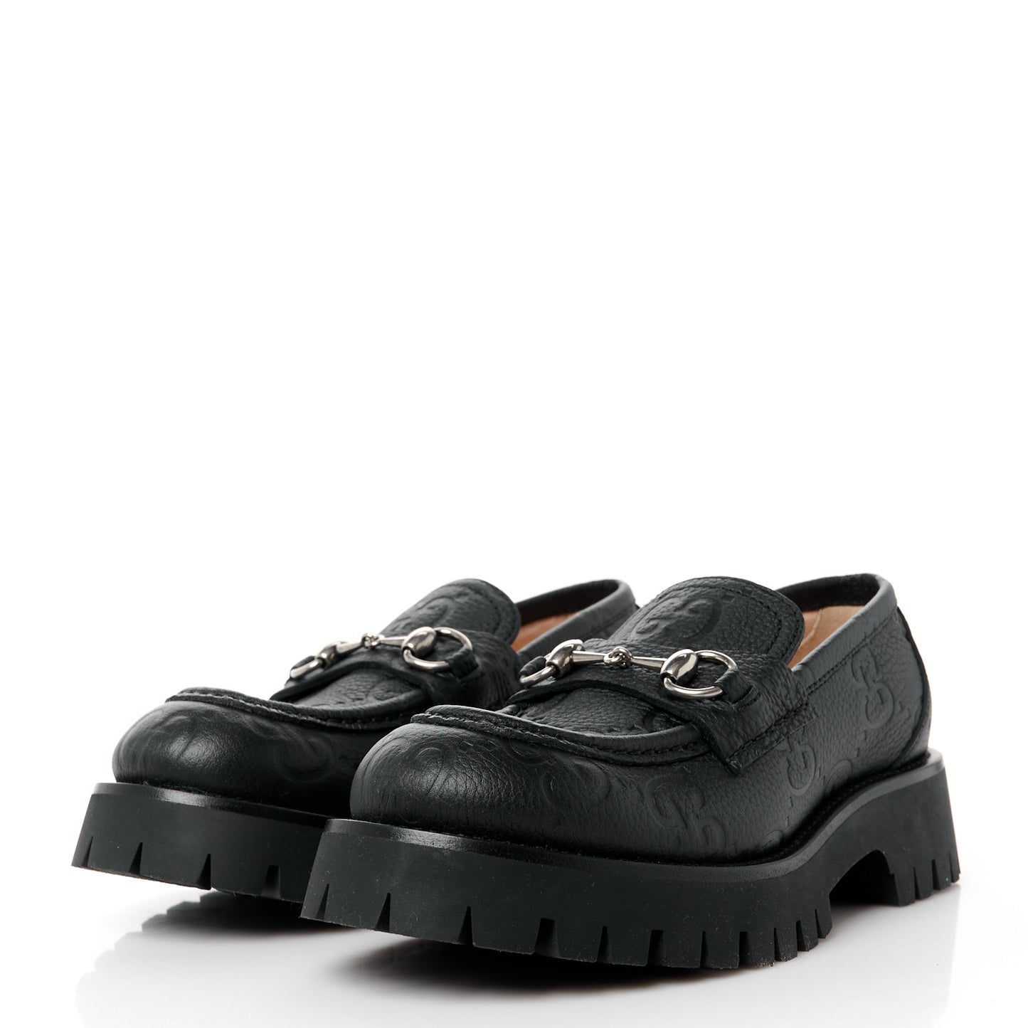 Piuma Calfskin GG Embossed Horsebit Platform Lug Sole 20mm Loafers 37 Black