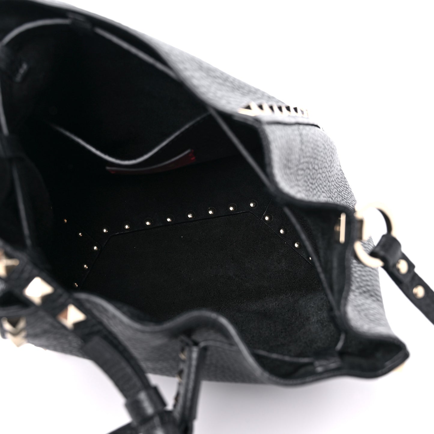 Grained Calfskin Small Rockstud Bucket Bag Black