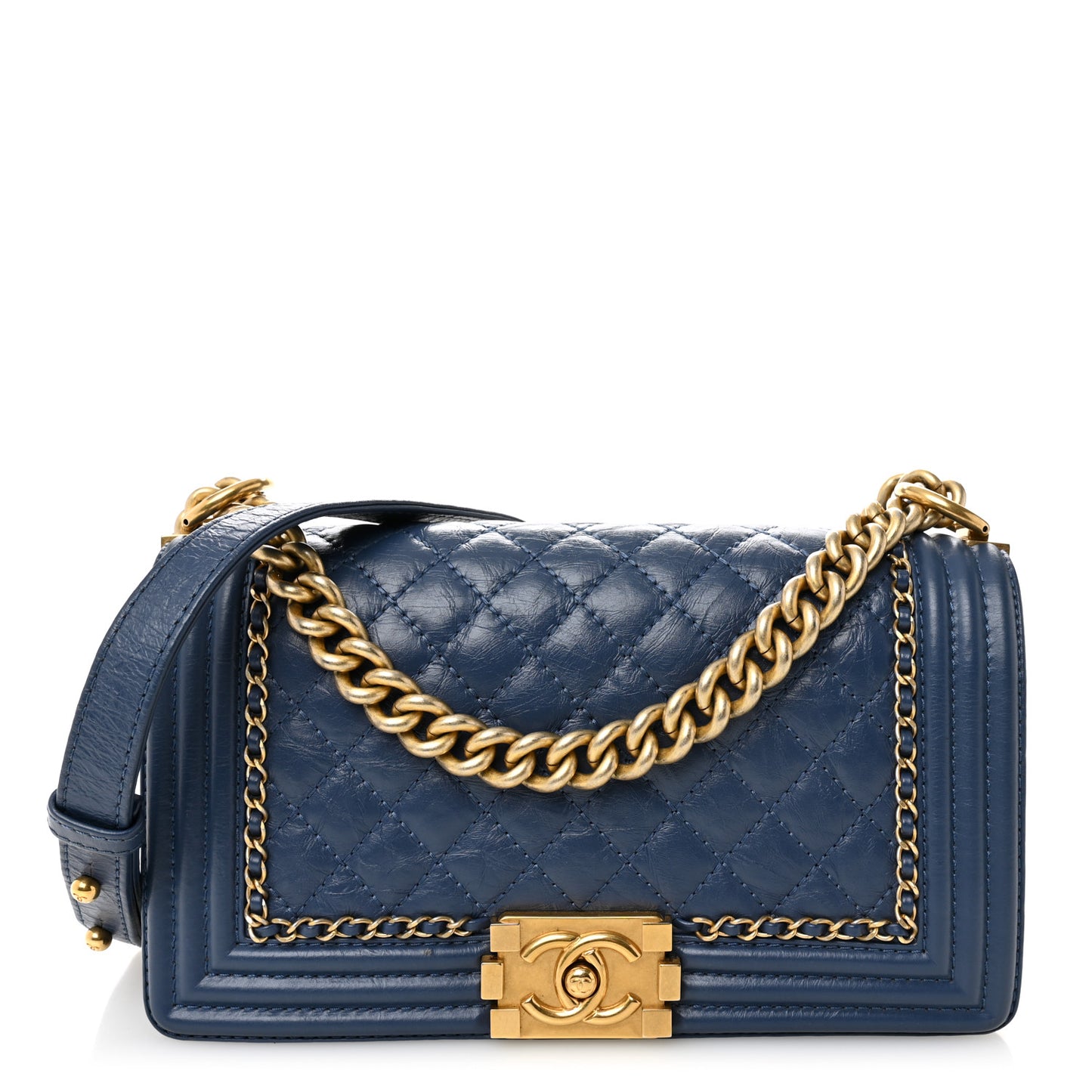 Aged Calfskin Quilted Medium Chain Detail Boy Flap Blue