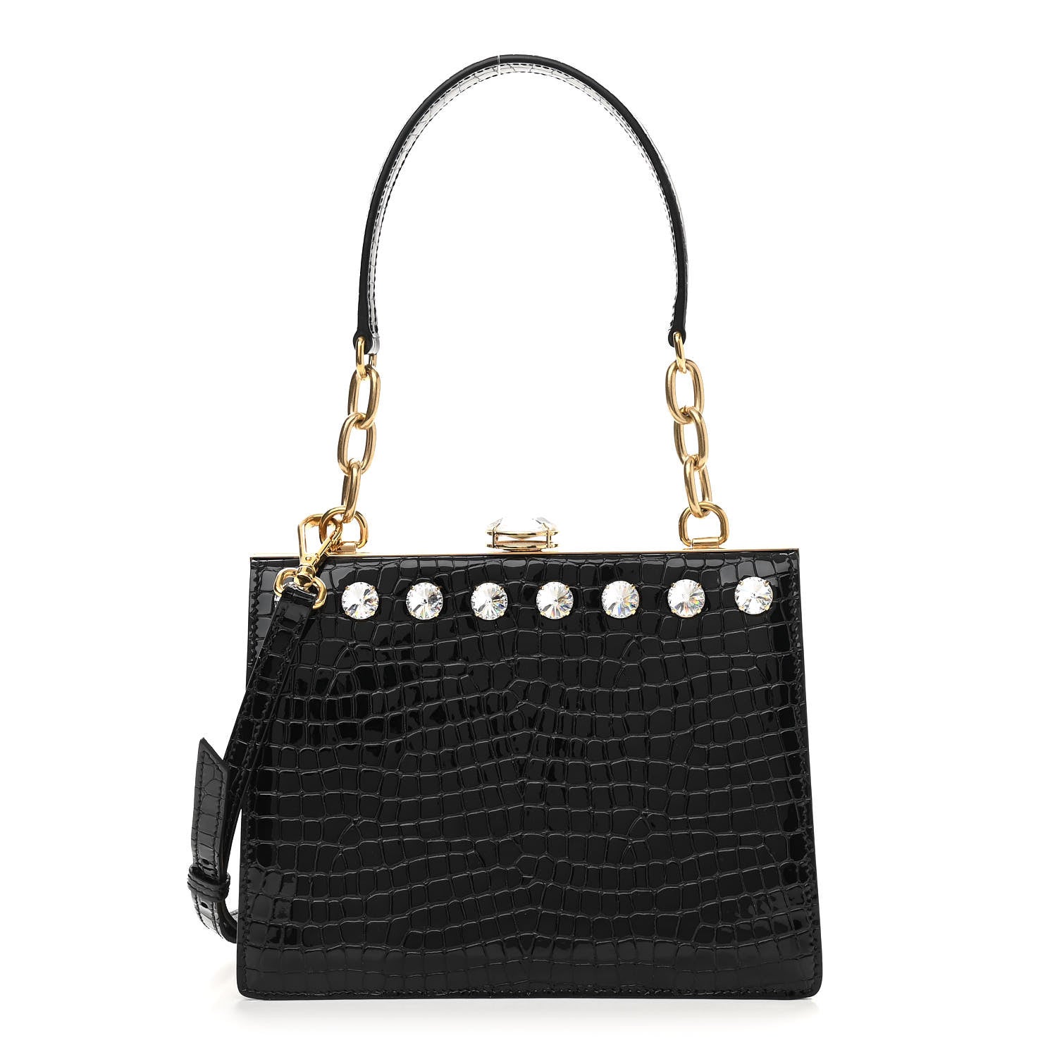 Miu Miu Calfskin Crocodile Embossed Crystal Embellished Solitaire Bag Black 1 of 10