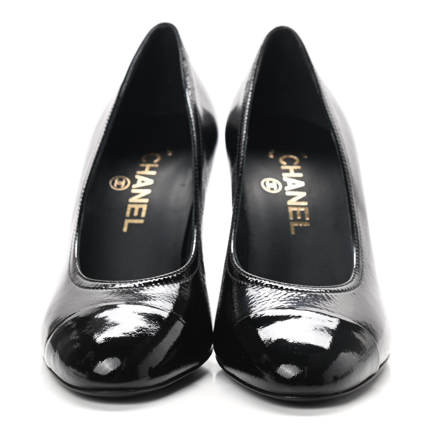 Patent Calfskin Crystal Cap Toe Logo Pumps 37 Black