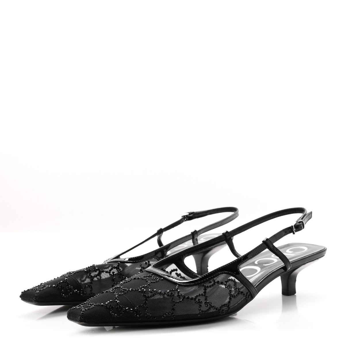 Gucci Suede Mesh Crystal GG Monogram Slingback Pumps 38 Black 4 of 8