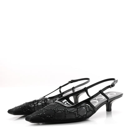 Gucci Suede Mesh Crystal GG Monogram Slingback Pumps 38 Black 4 of 8