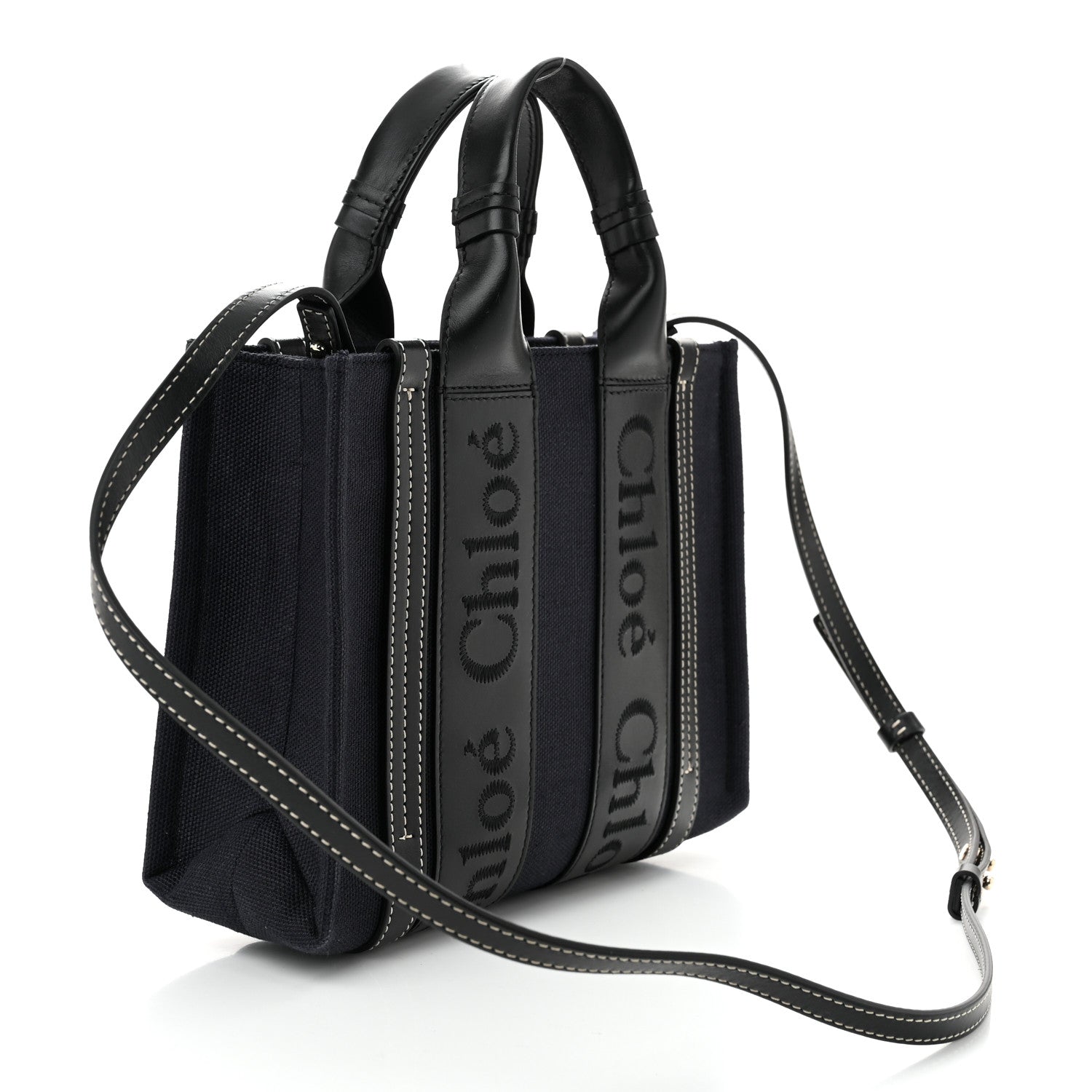 Chloe Calfskin Linen Small Woody Tote Deep Denim 3 of 10