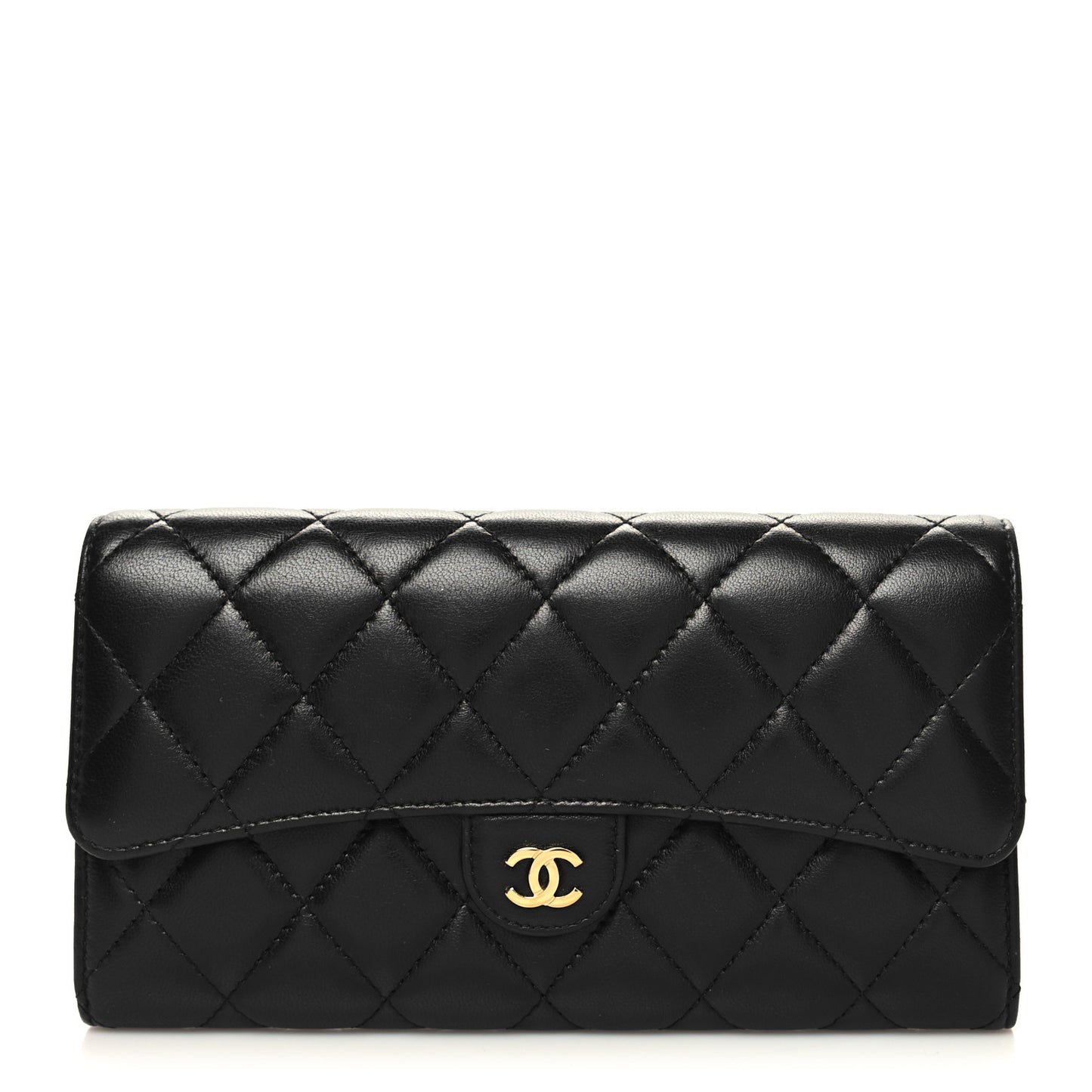 Lambskin Quilted Large Gusset Flap Wallet Black