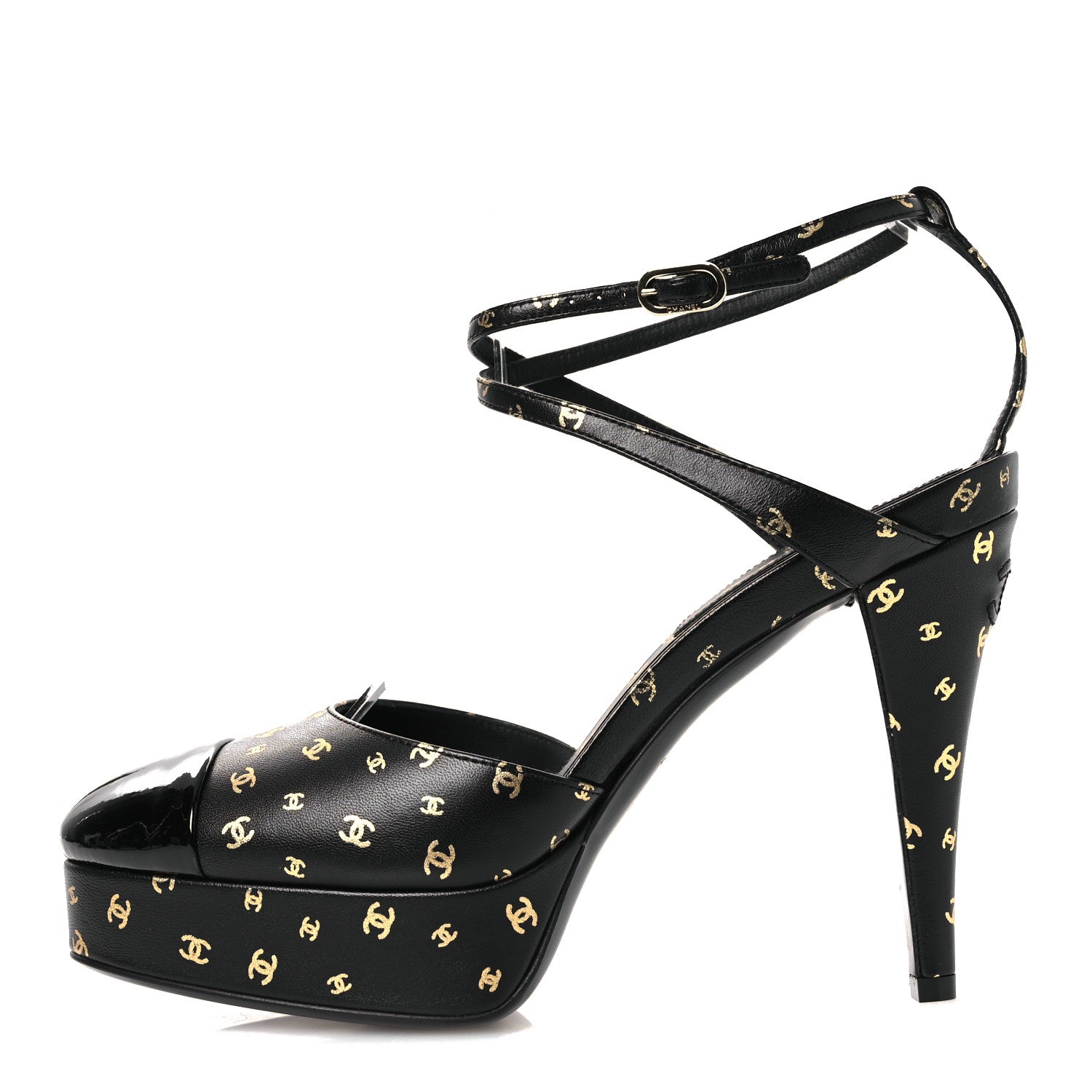 Chanel Printed Lambskin CC Platform Pumps 37.5 Black Gold 1 of 11