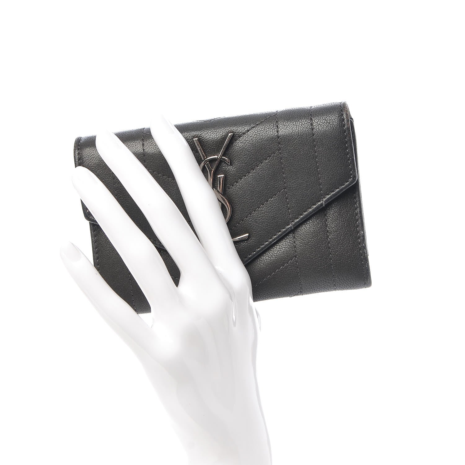 Saint Laurent Lambskin Mixed Matelasse Chevron Small Monogram Envelope Wallet Coal 2 of 8
