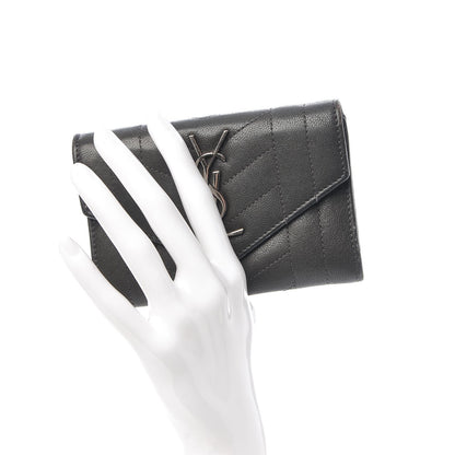 Saint Laurent Lambskin Mixed Matelasse Chevron Small Monogram Envelope Wallet Coal 2 of 8
