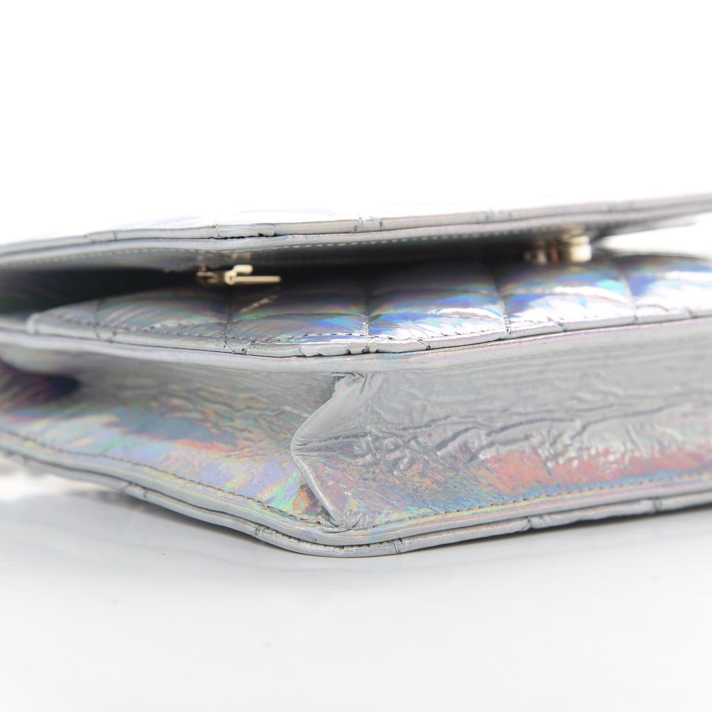 Iridescent Goatskin Quilted Wallet On Chain WOC Silver