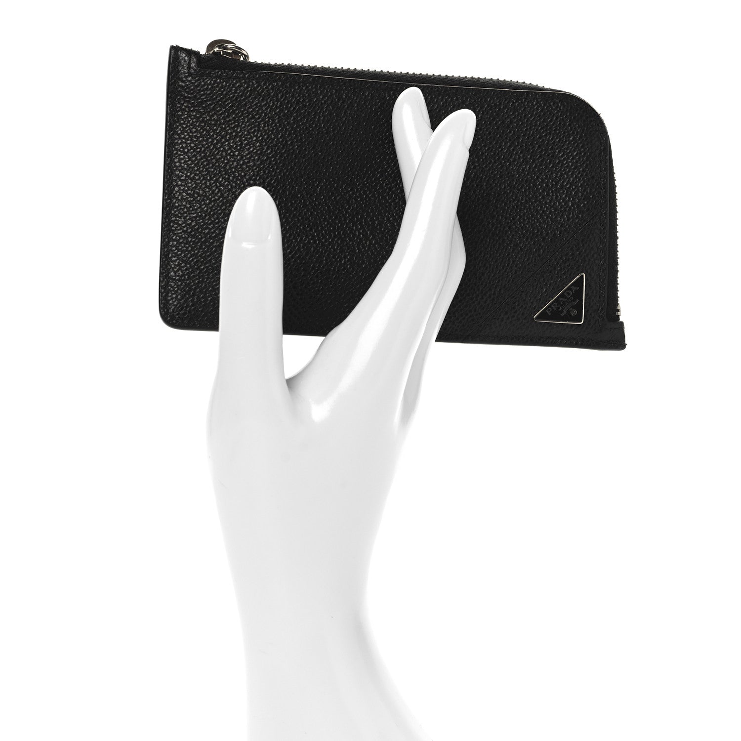 Prada Vitello Micrograin Triangle Zip Card Holder Black 2 of 7
