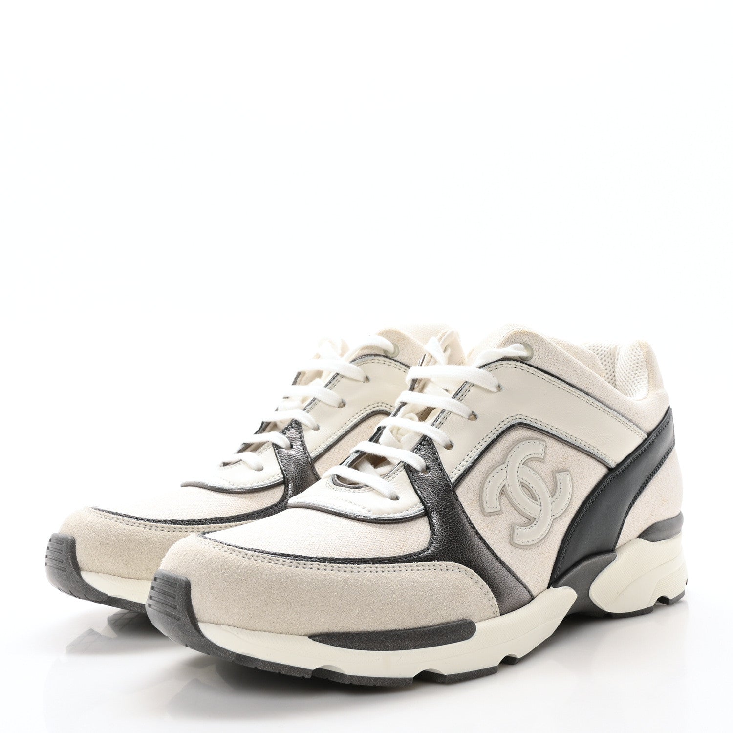 Chanel Suede Calfskin CC Sneakers 40 White Grey 4 of 9