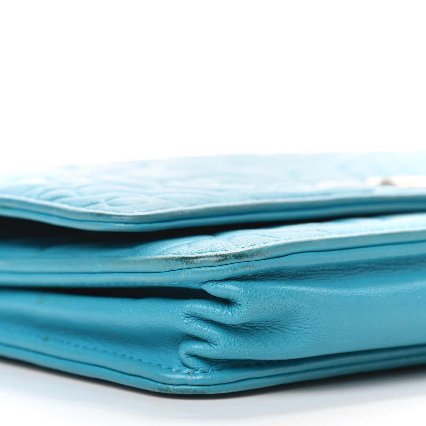 Lambskin Camellia Embossed Wallet On Chain WOC Turquoise