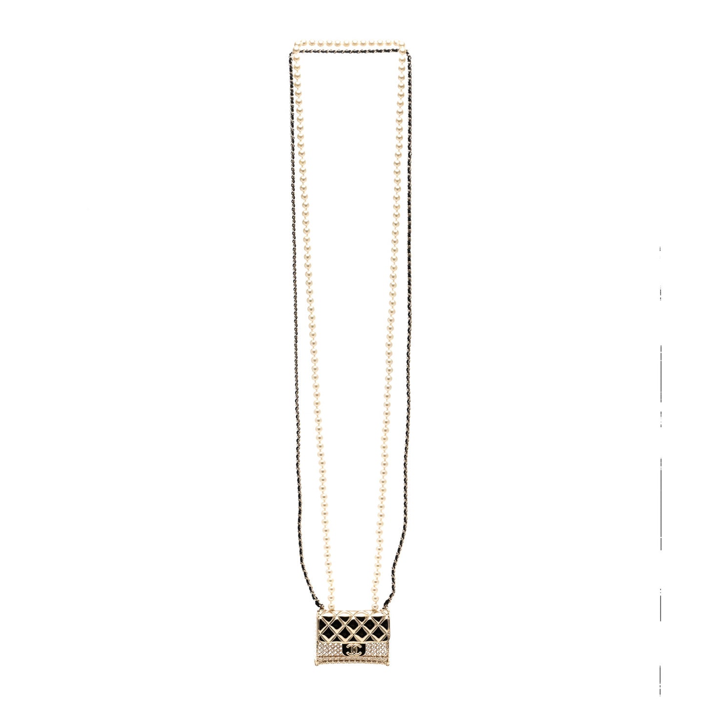 Metal Lambskin Pearl Chain Flap Bag Long Necklace Gold Black Pearly White