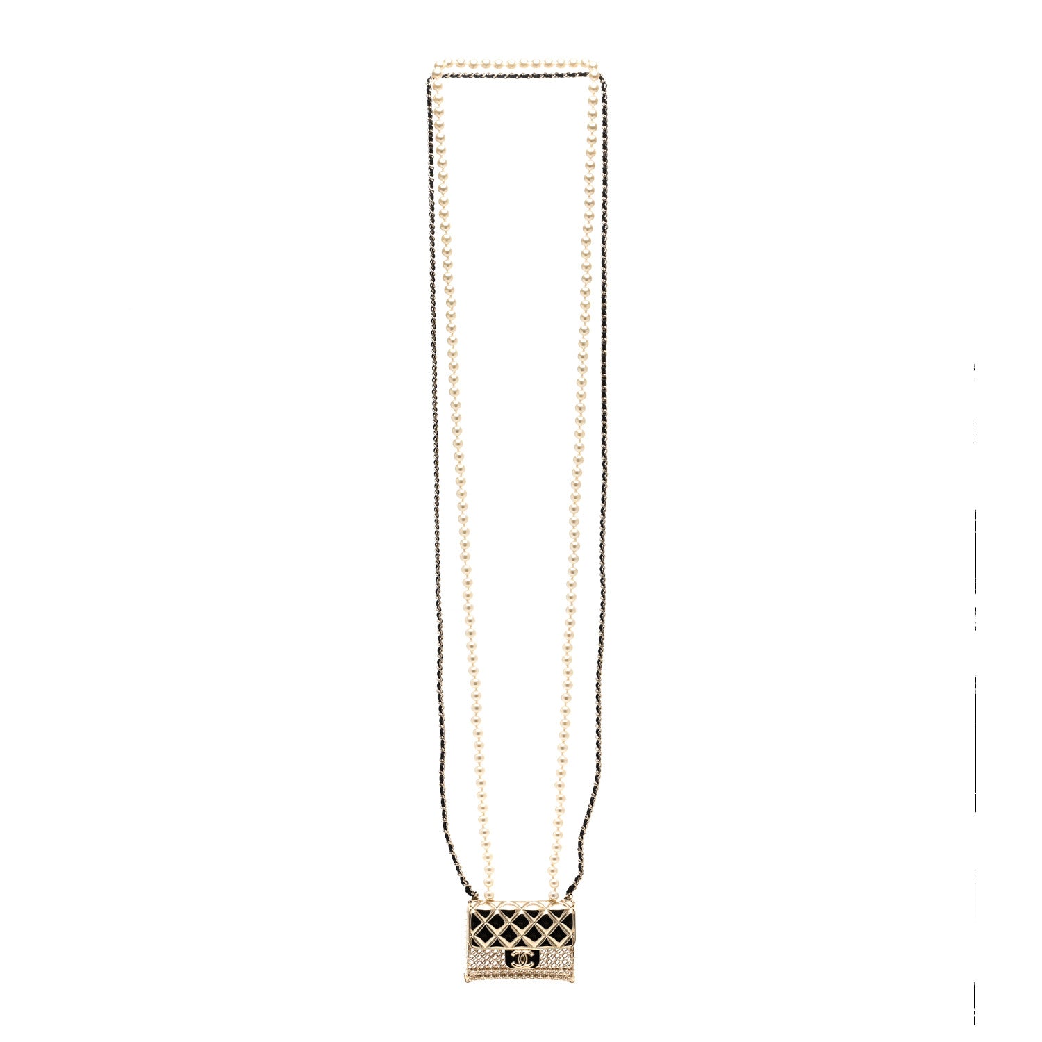 Chanel Metal Lambskin Pearl Chain Flap Bag Long Necklace Gold Black Pearly White 3 of 4