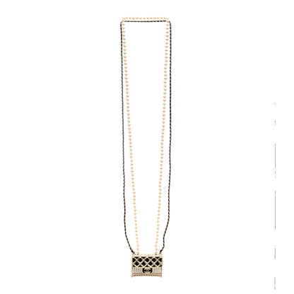Chanel Metal Lambskin Pearl Chain Flap Bag Long Necklace Gold Black Pearly White 3 of 4