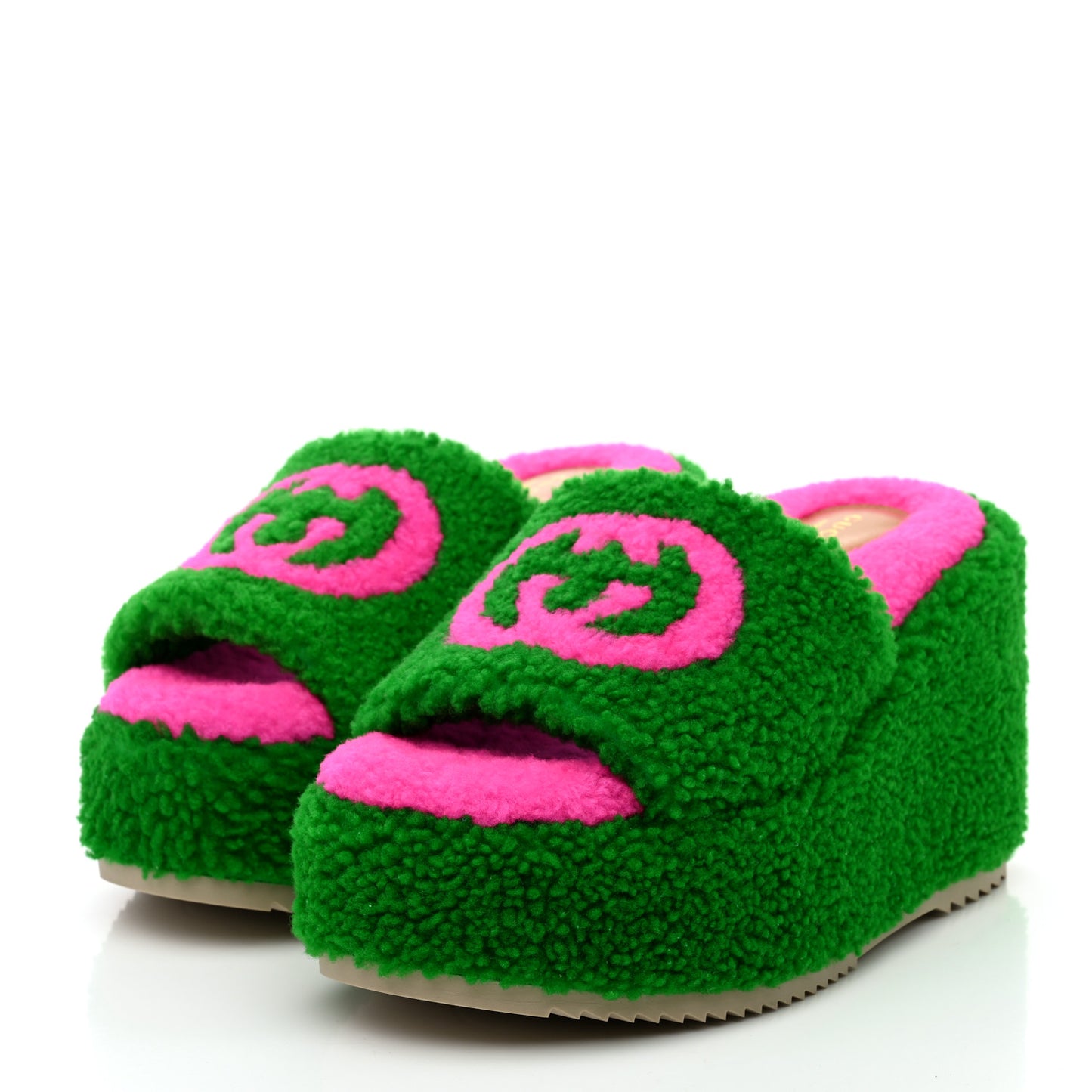 Shearling Interlocking G Womens Elea Platform Slide Wedge Sandals 38.5 Green Fluo Fuxia Fluo