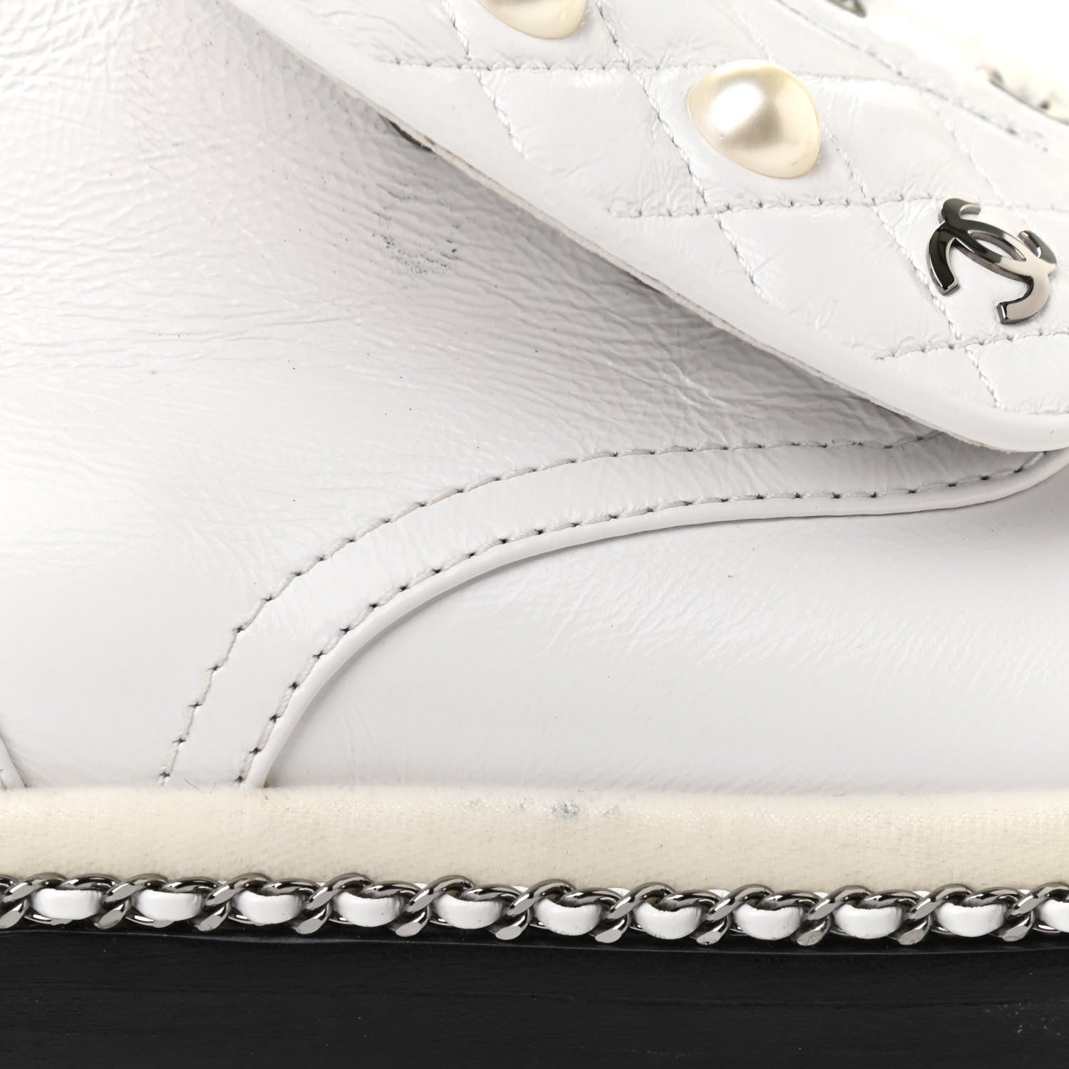 Chanel Crackled Calfskin Pearl Chain CC Combat Short Boots 37 White 10 of 10