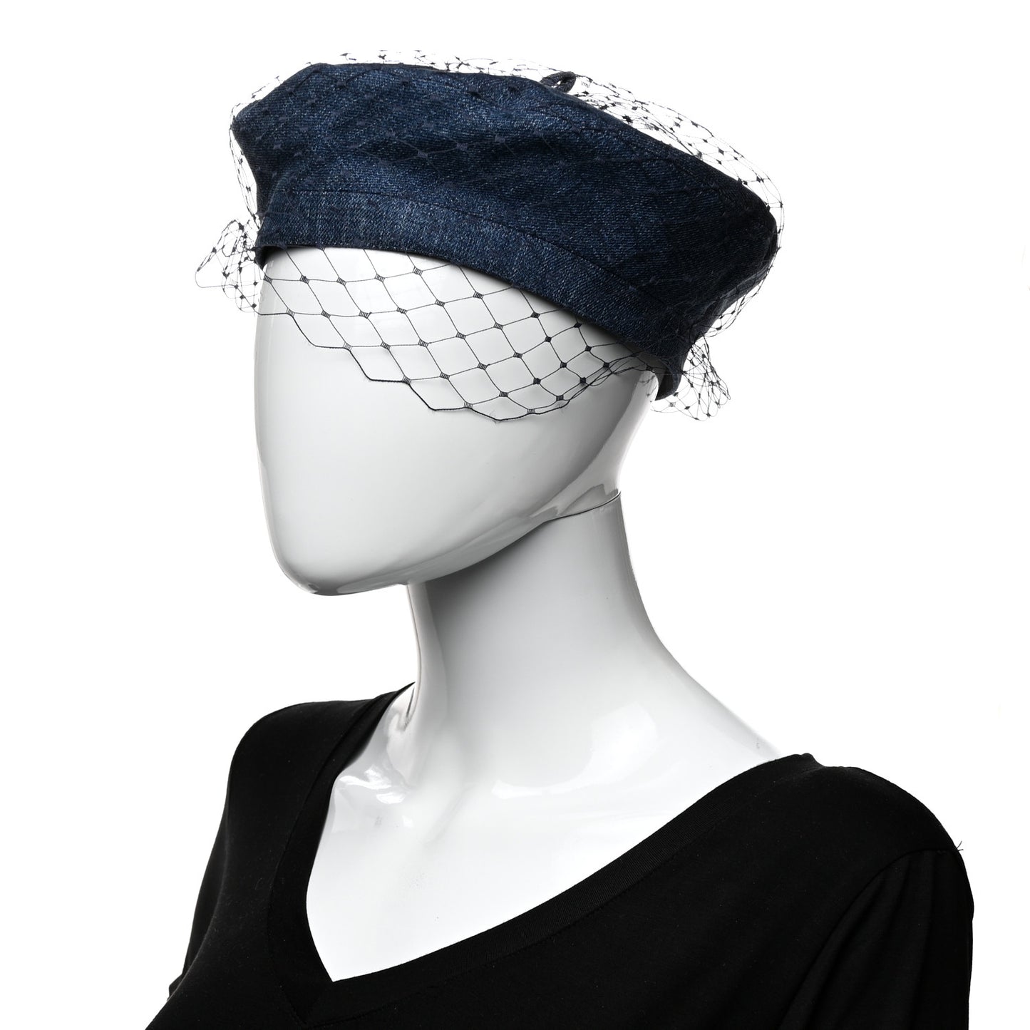 Cotton Denim Arty Beret Cap With Veil 58 Blue