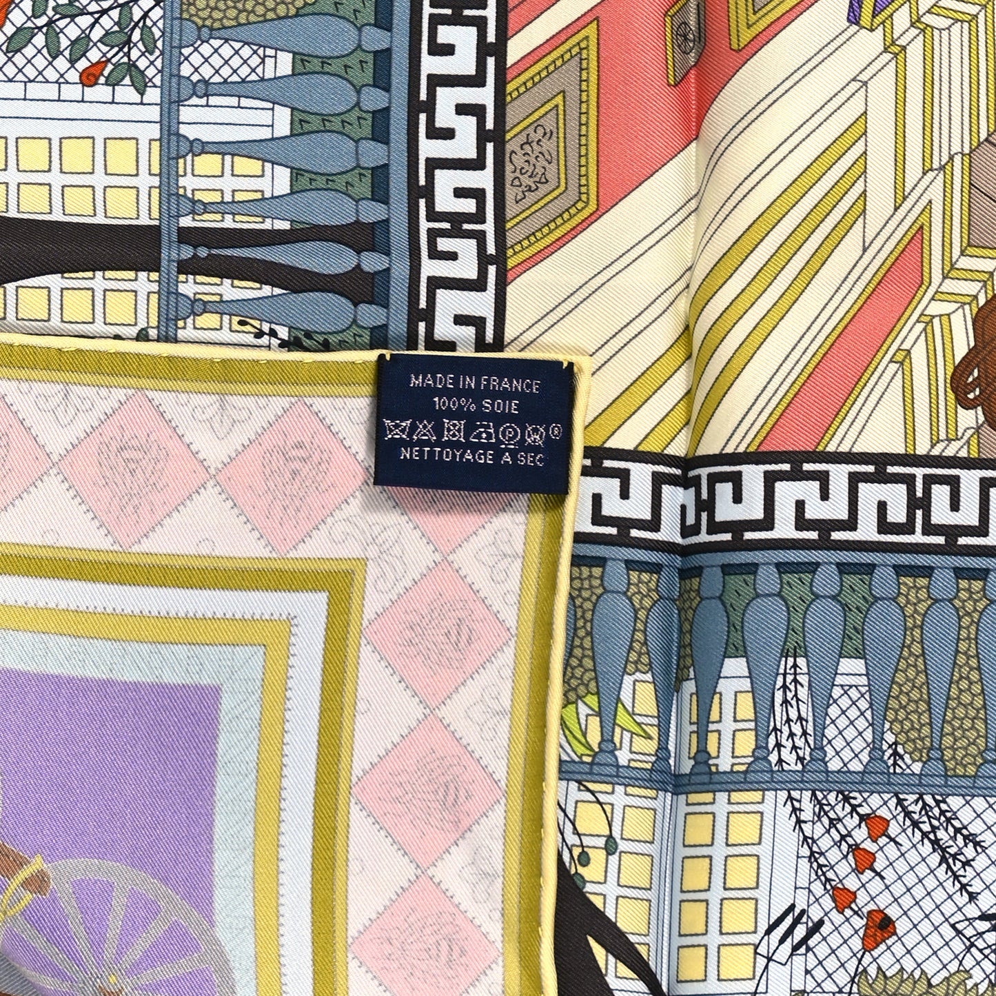 Silk Objets de Curiosite Scarf 90 Bleu Gris Jaune Soufre Rose