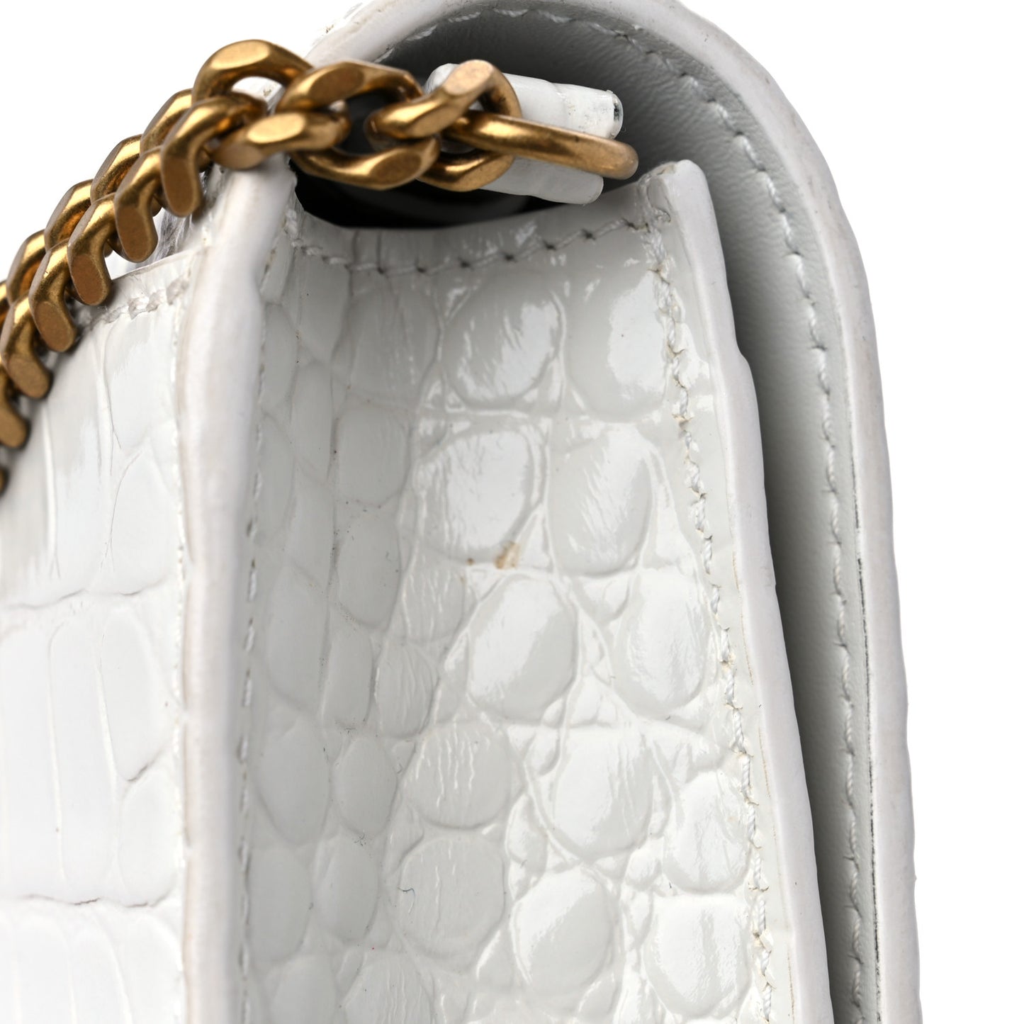 Shiny Calfskin Crocodile Embossed Hourglass Chain Bag White