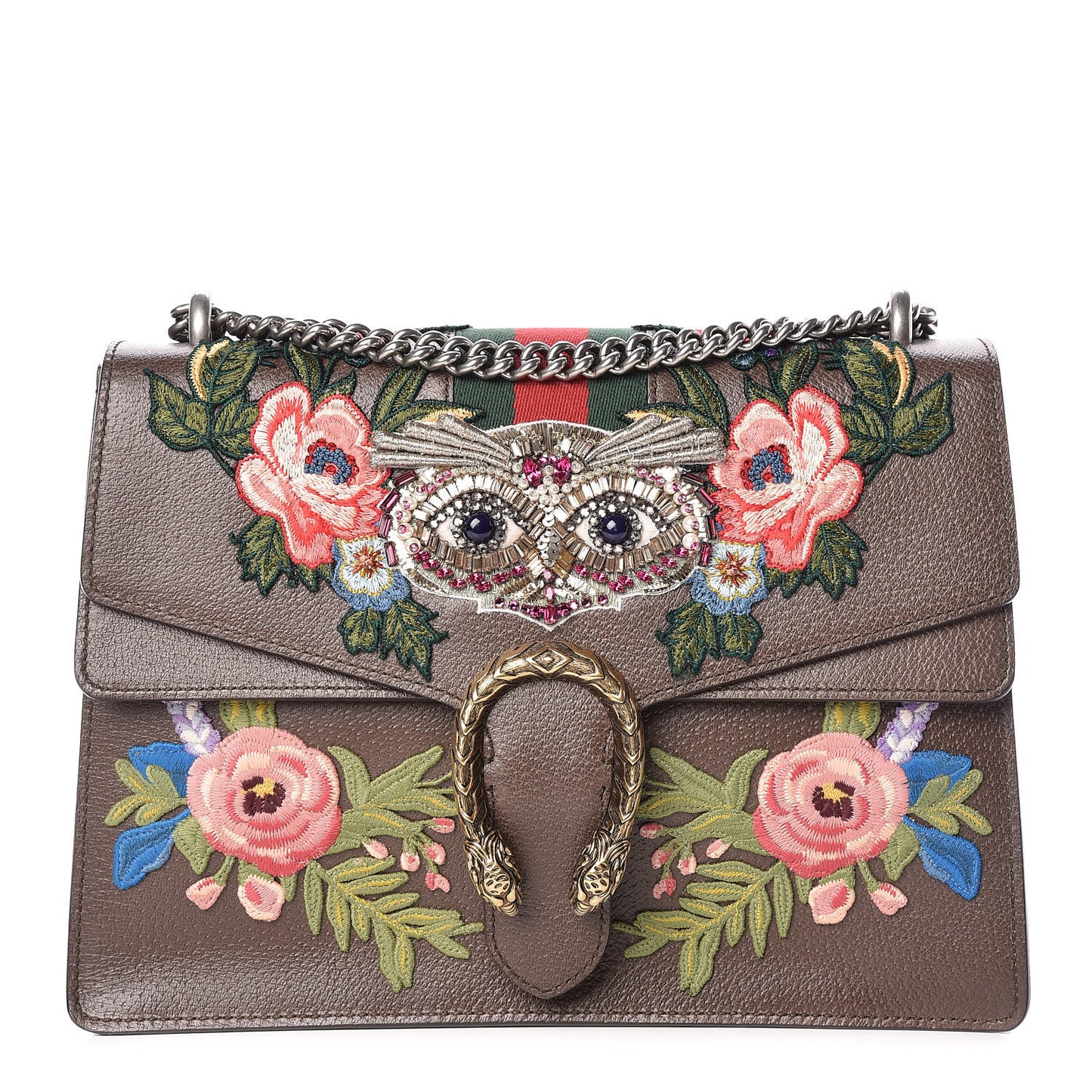 Calfskin Web Owl Embroidered Medium Dionysus Shoulder Bag New Acero Multicolor