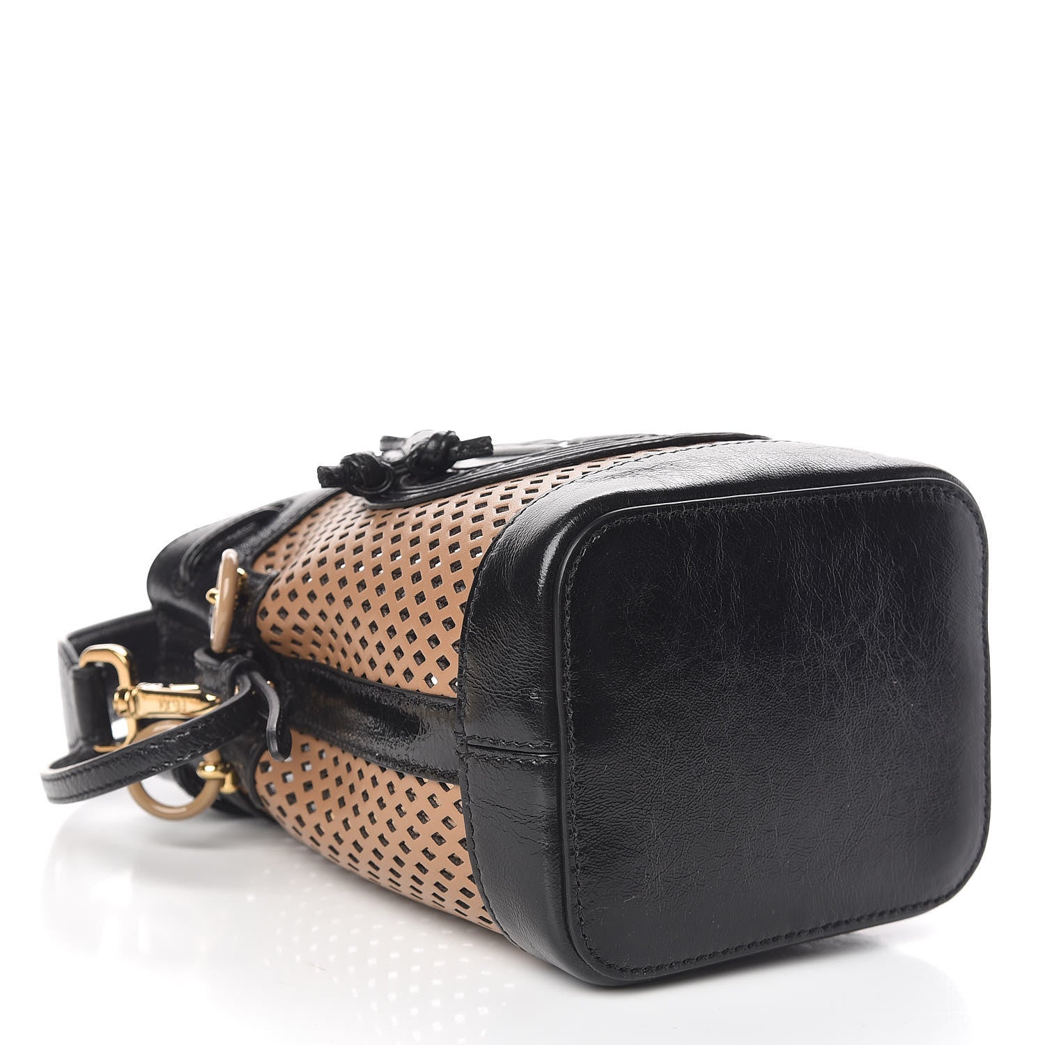 Fendi Vitello Liberty Glossy Lambskin F is Fendi Perforated Mini Mon Tresor Bucket Bag Sand Mimosa Black 4 of 9