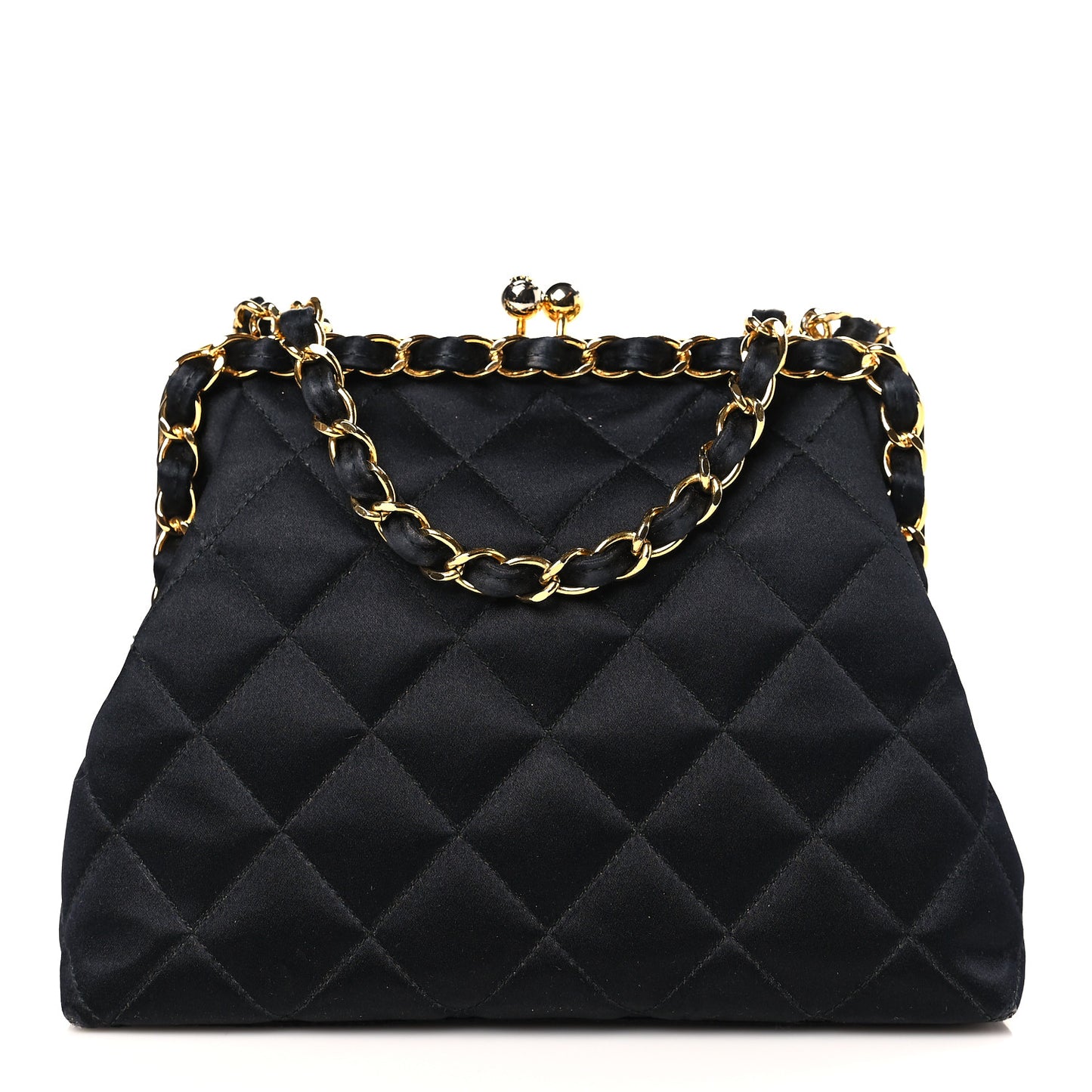 Satin Quilted Kisslock Clutch Black
