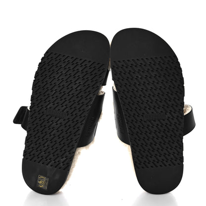 Hermes Calfskin Woolskin Mens Chypre Sandals 42 Black Ecru 6 of 9