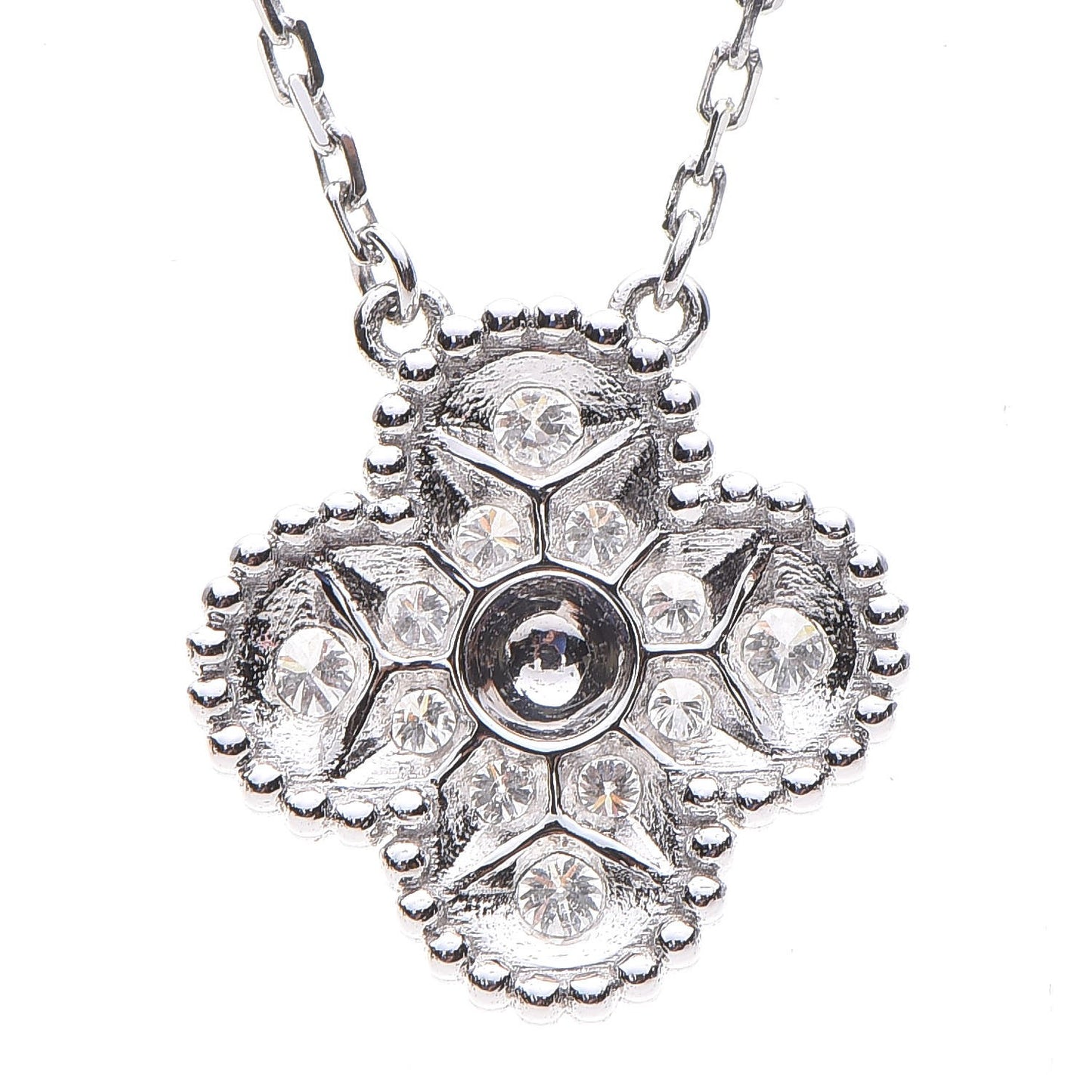 18K White Gold Diamond Vintage Alhambra Pendant Necklace