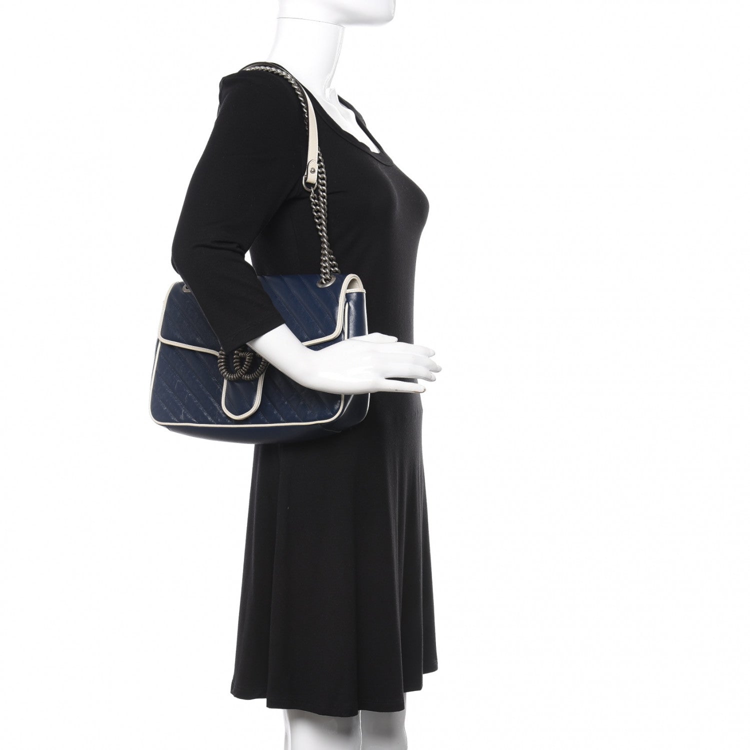 Gucci Vintage Effect Calfskin Matelasse Diagonal Medium Torchon GG Marmont Shoulder Bag Blue Agata Mystic White 2 of 10