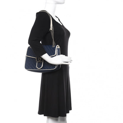 Gucci Vintage Effect Calfskin Matelasse Diagonal Medium Torchon GG Marmont Shoulder Bag Blue Agata Mystic White 2 of 10