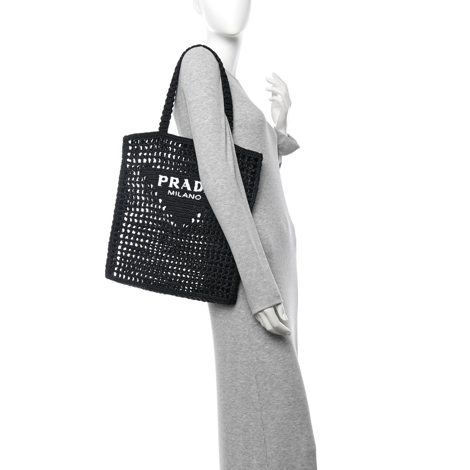 Prada Yarn Raffia Effect Crochet Logo Embroidered Tote Bag Black 2 of 11