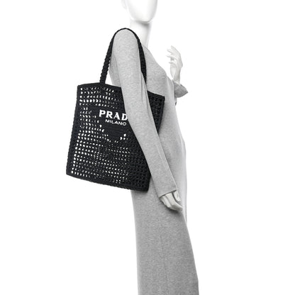 Prada Yarn Raffia Effect Crochet Logo Embroidered Tote Bag Black 2 of 11
